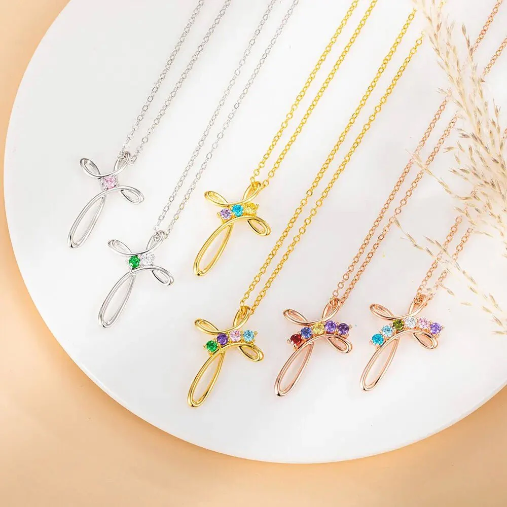 Personalized Cross Necklace with Custom Birthstones - Image 3