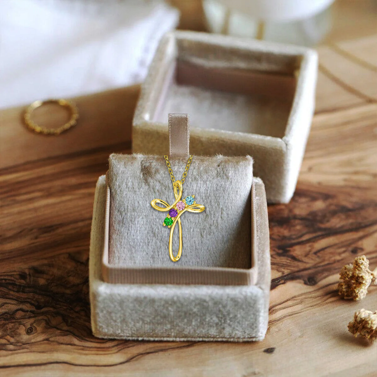 Personalized Cross Necklace with Custom Birthstones - Image 5