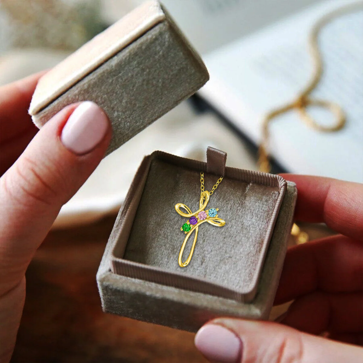 Personalized Cross Necklace with Custom Birthstones - Image 6