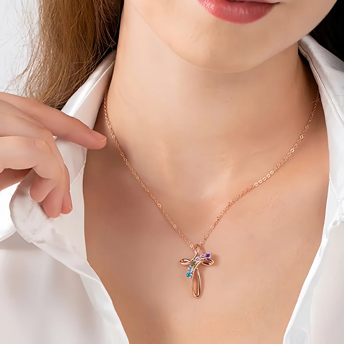 Personalized Cross Necklace with Custom Birthstones - Image 7