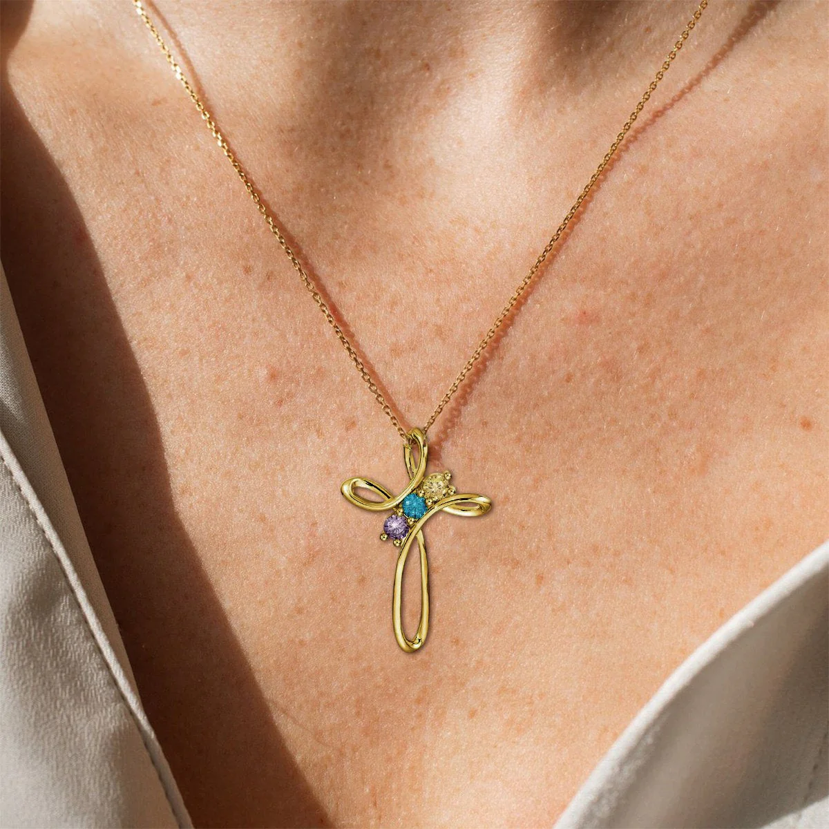 Personalized Cross Necklace with Custom Birthstones - Image 8