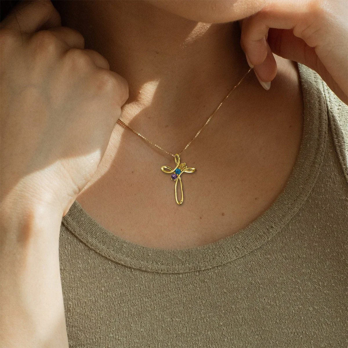 Personalized Cross Necklace with Custom Birthstones - Image 9