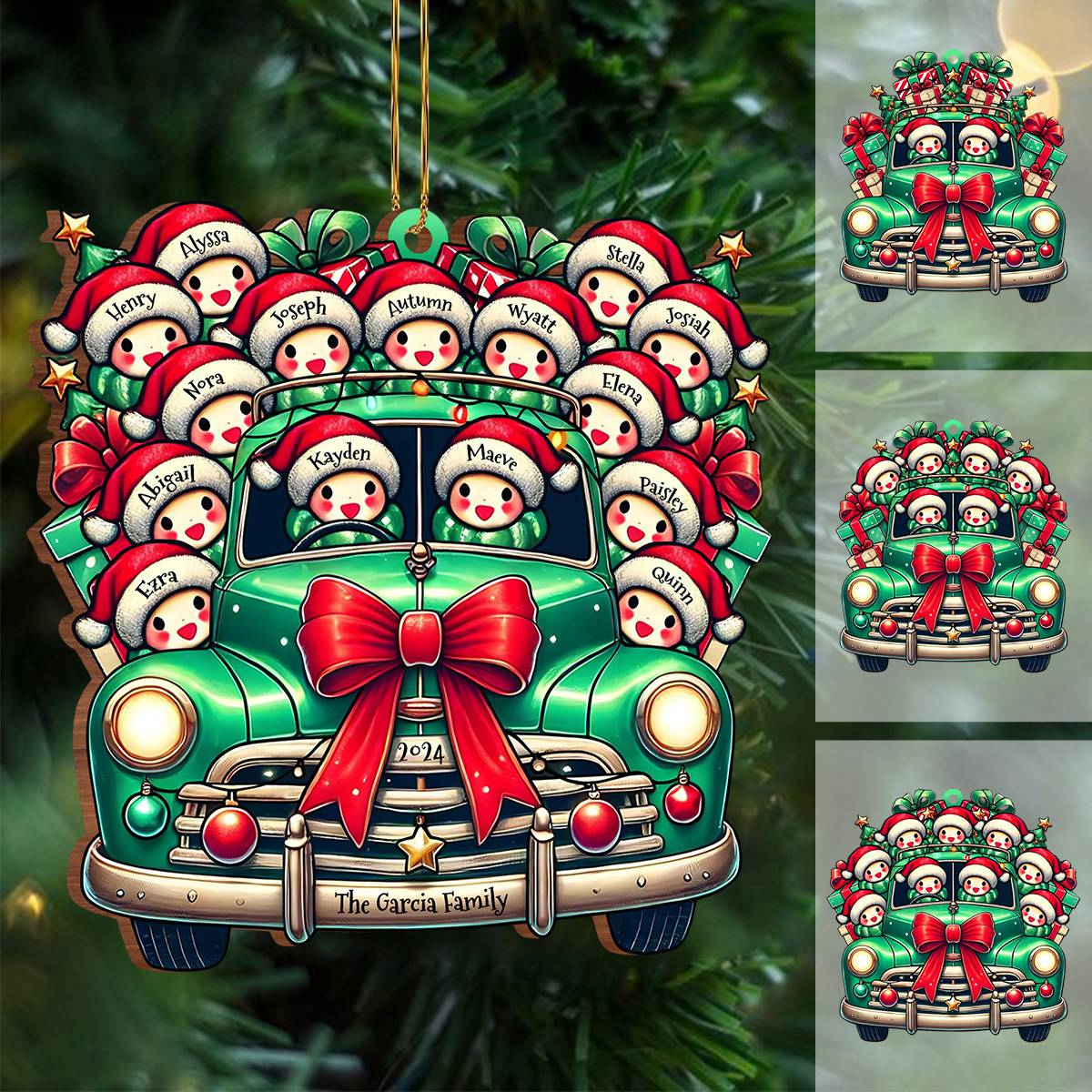 Personalized Custom Wood Ornament - Vintage Truck Full of Christmas Cheer and Santa Hats - Image 2