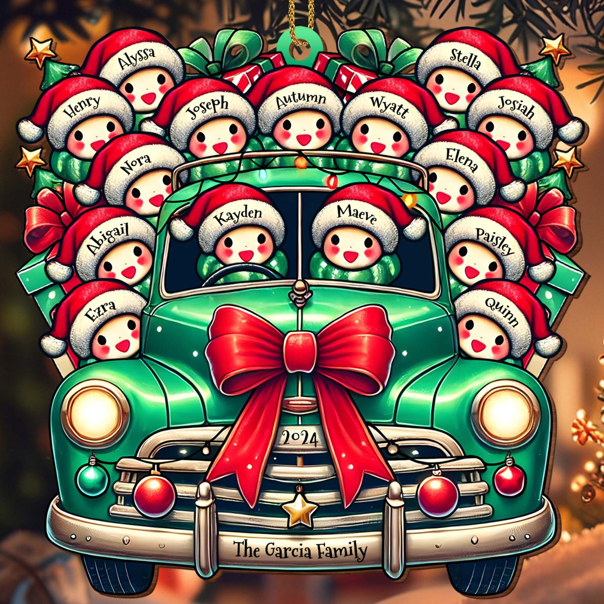 Personalized Custom Wood Ornament - Vintage Truck Full of Christmas Cheer and Santa Hats - Image 3