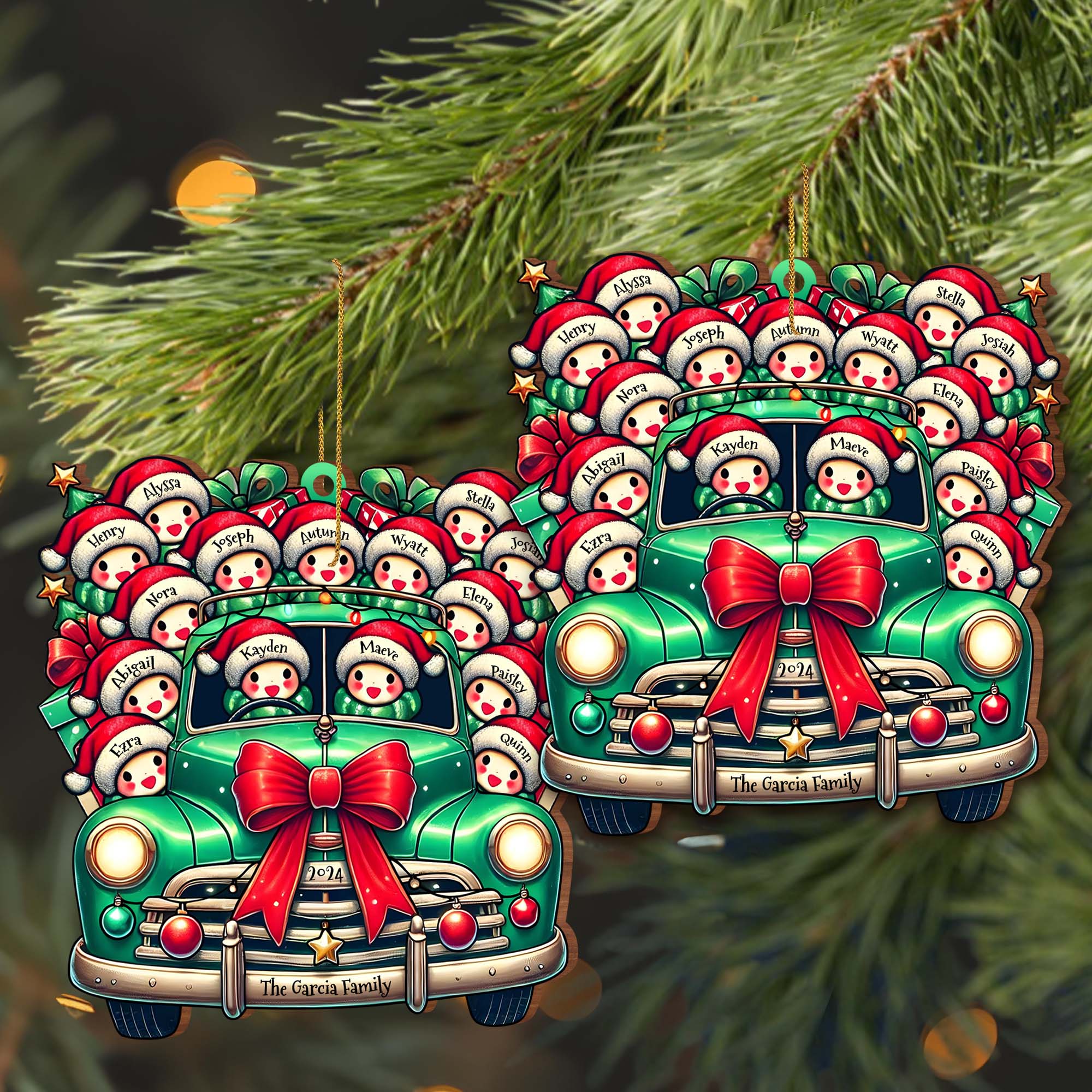 Personalized Custom Wood Ornament - Vintage Truck Full of Christmas Cheer and Santa Hats - Image 4
