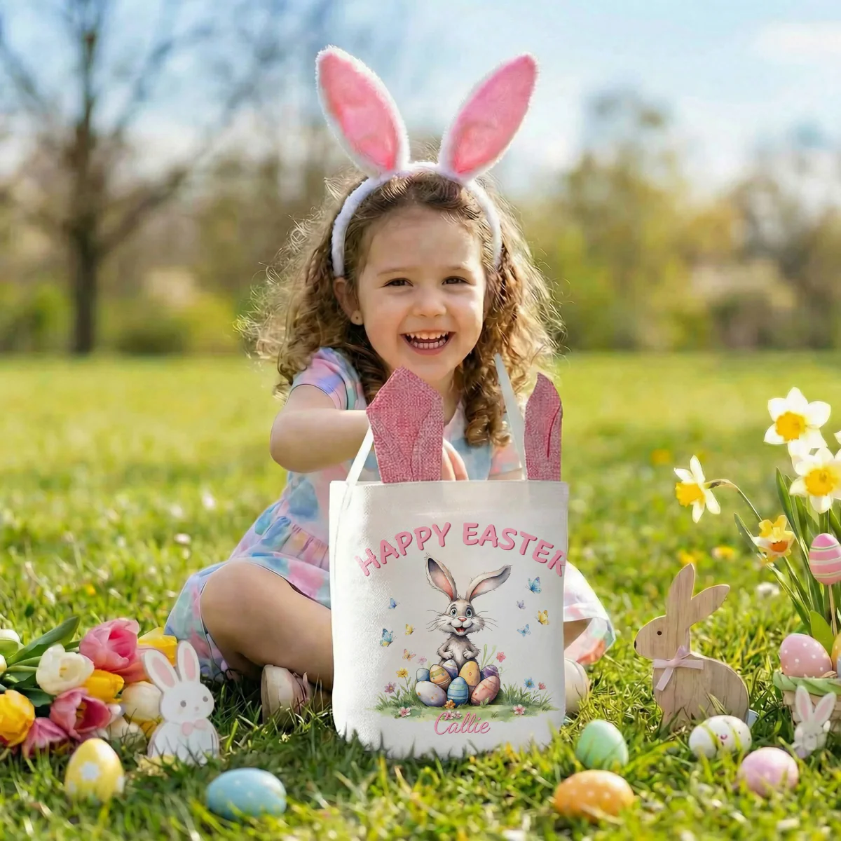 Personalized Cute Bunny Easter Basket with Name Party Decoration Easter Gift for Boys Girls - Image 2