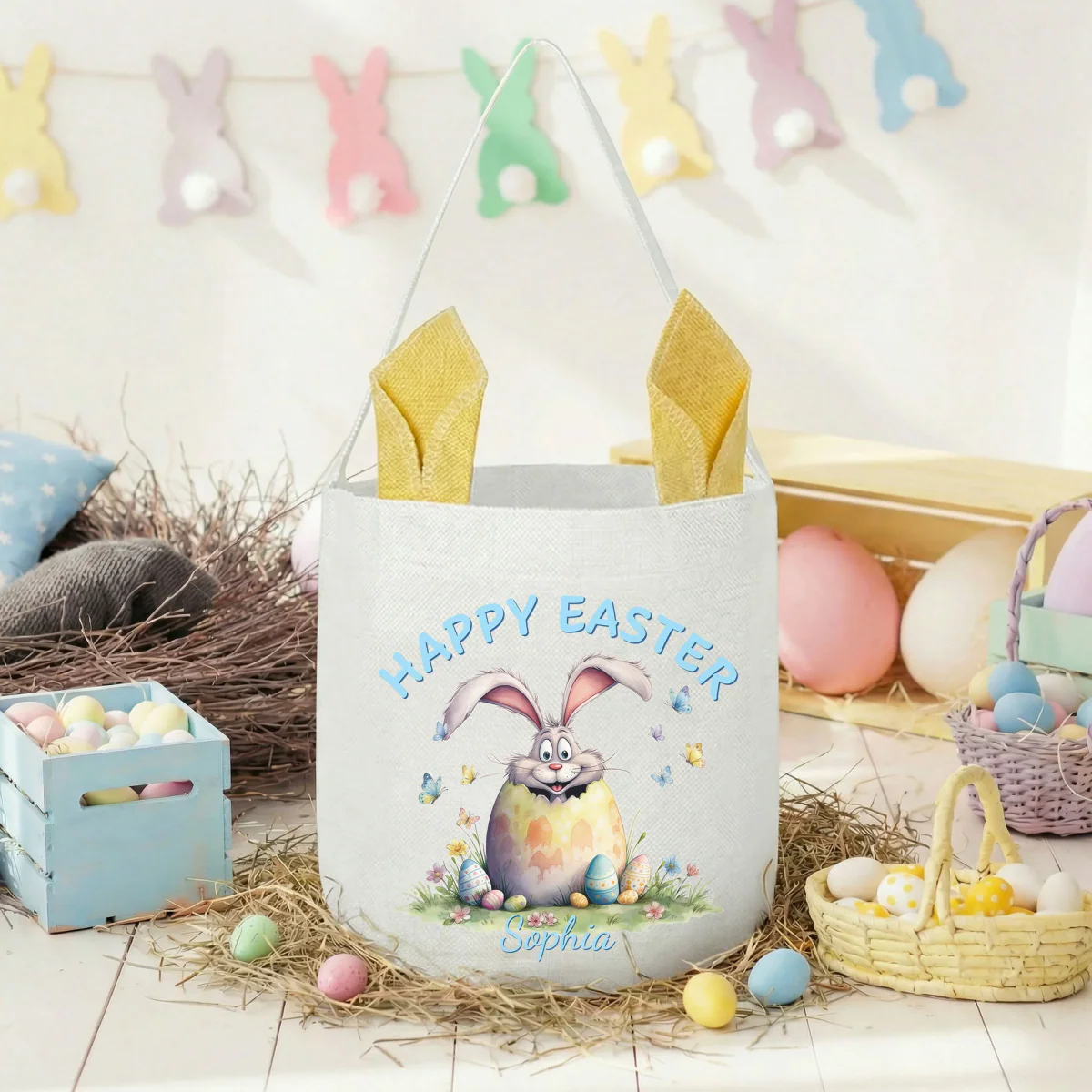 Personalized Cute Bunny Easter Basket with Name Party Decoration Easter Gift for Boys Girls - Image 4