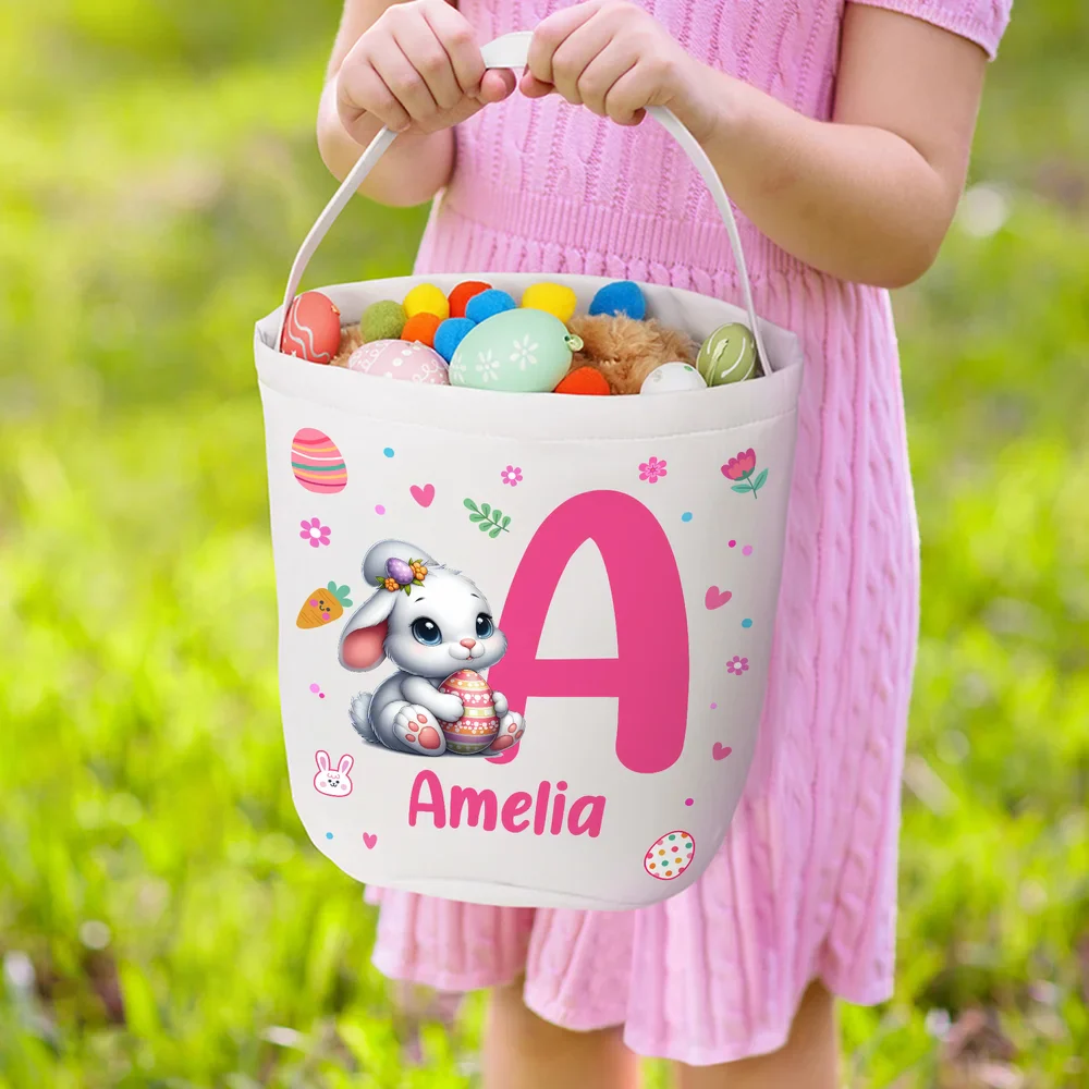 Personalized Cute Bunny Flower Canvas Easter Basket with Name and Initial Egg Hunting Accessories Easter Gift for Boys Girls - Image 2