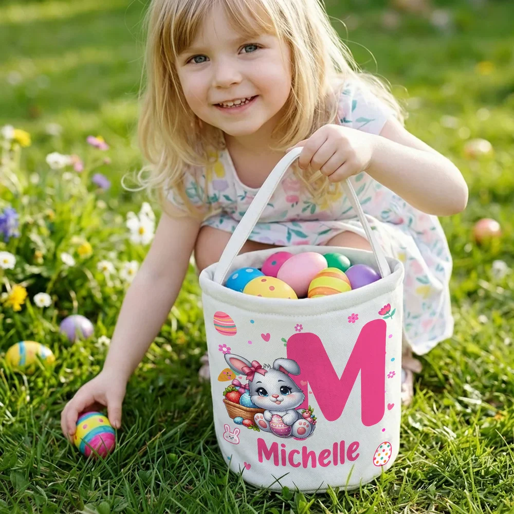 Personalized Cute Bunny Flower Canvas Easter Basket with Name and Initial Egg Hunting Accessories Easter Gift for Boys Girls - Image 6