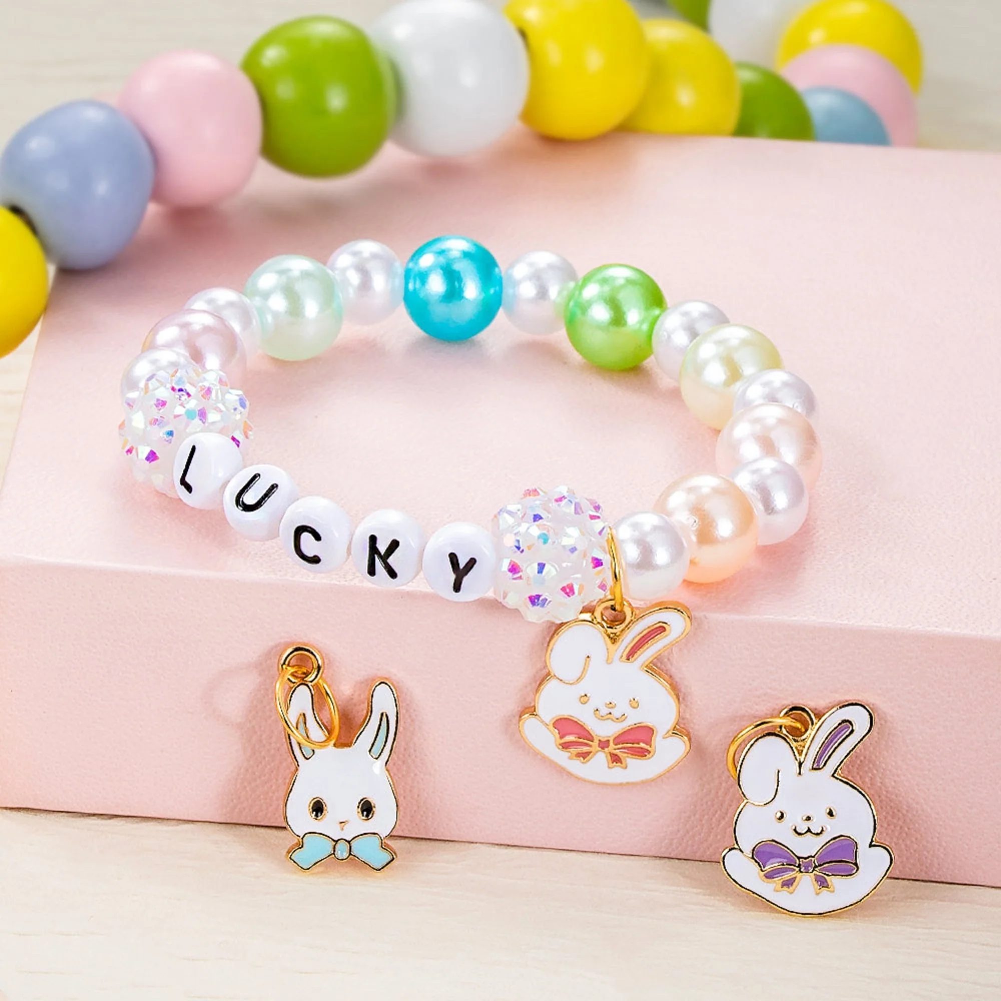 Personalized Cute Pearl Beaded Stretch Name Bracelet with Bunny Charm Easter Gift for Kids - Image 3