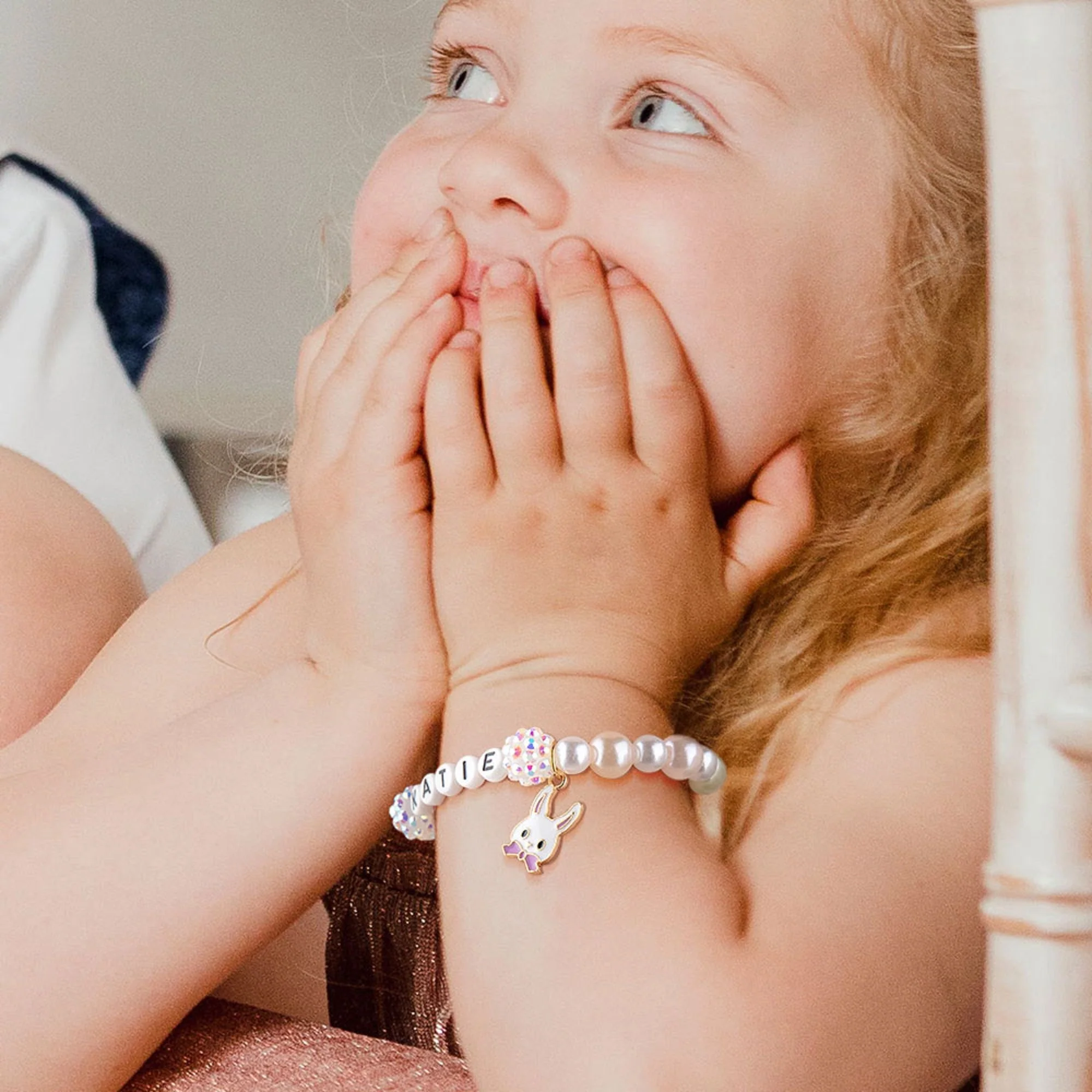Personalized Cute Pearl Beaded Stretch Name Bracelet with Bunny Charm Easter Gift for Kids - Image 4
