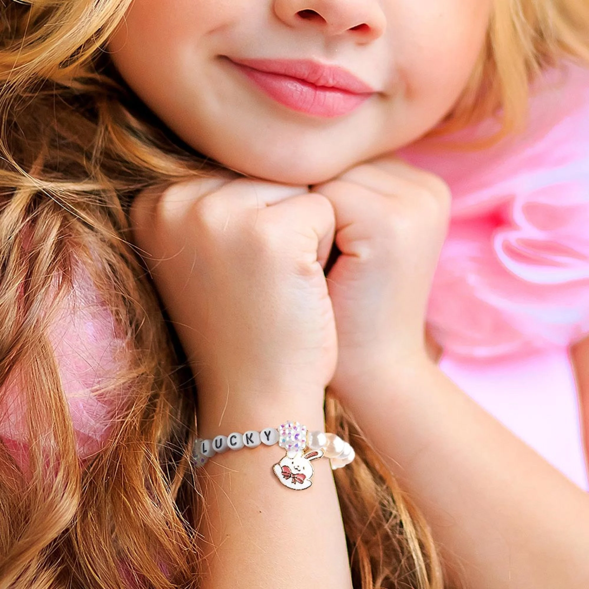 Personalized Cute Pearl Beaded Stretch Name Bracelet with Bunny Charm Easter Gift for Kids - Image 5