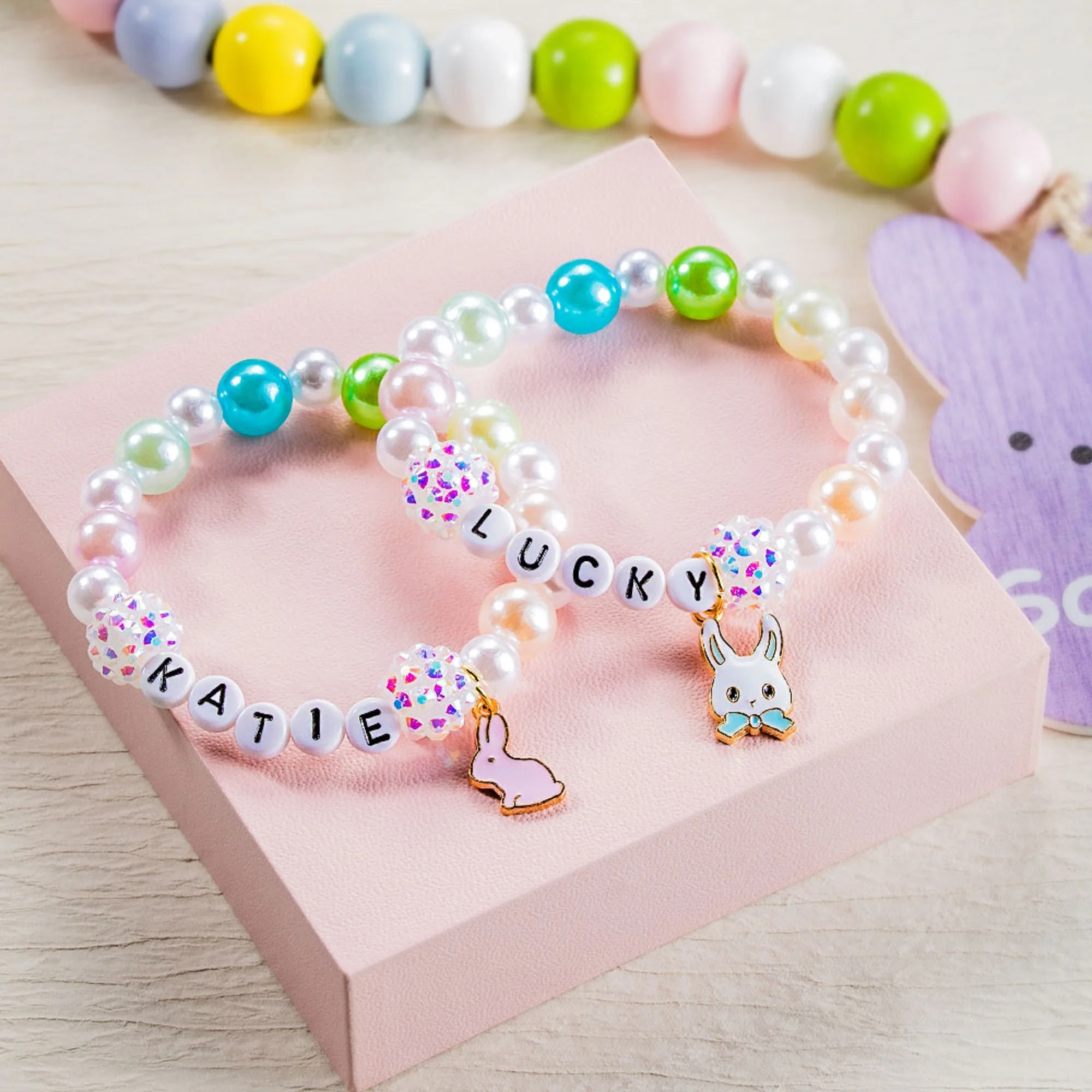 Personalized Cute Pearl Beaded Stretch Name Bracelet with Bunny Charm Easter Gift for Kids - Image 6