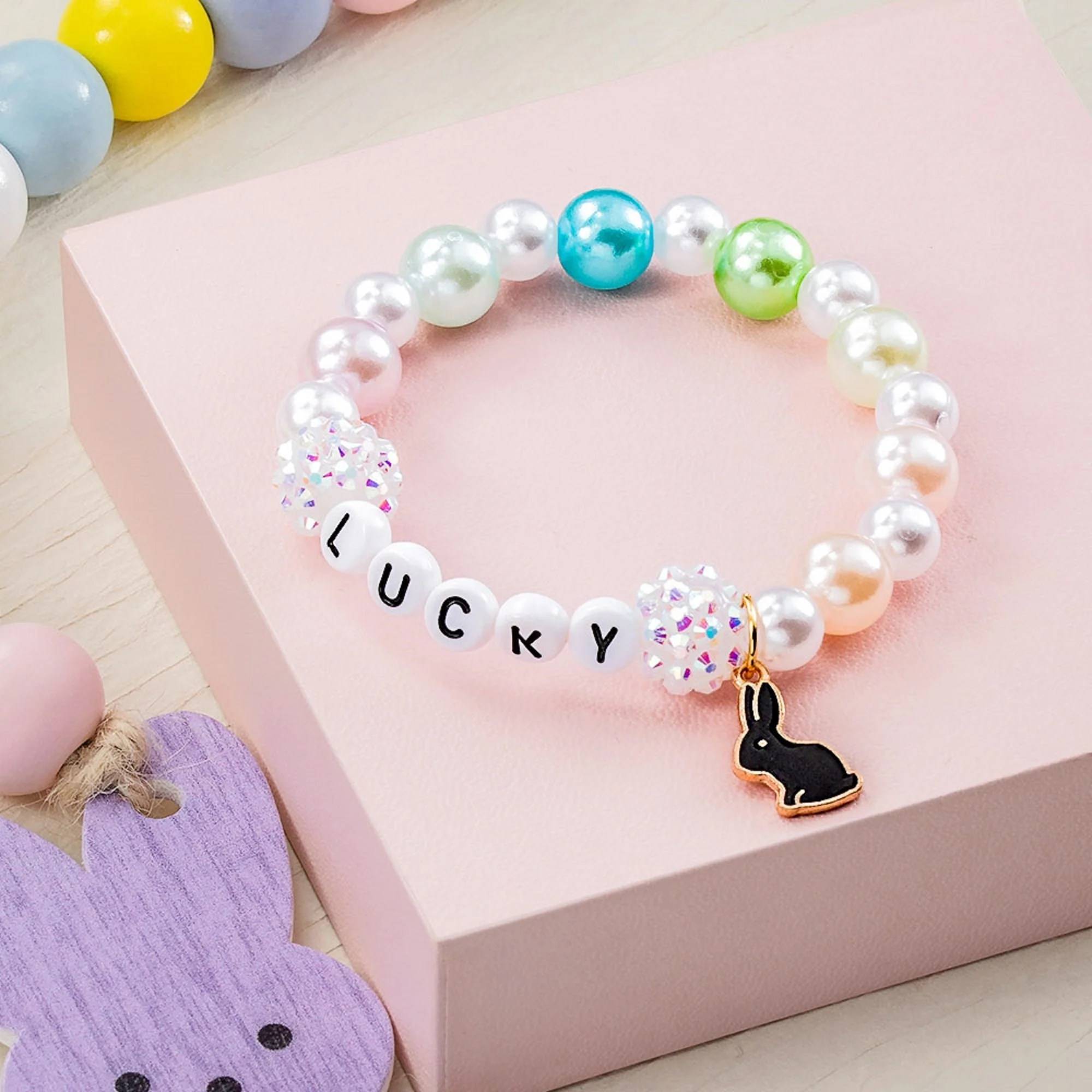 Personalized Cute Pearl Beaded Stretch Name Bracelet with Bunny Charm Easter Gift for Kids - Image 7
