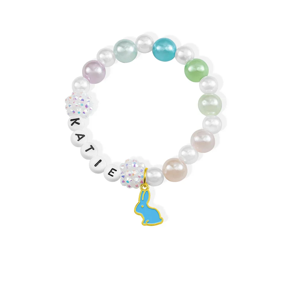 Personalized Cute Pearl Beaded Stretch Name Bracelet with Bunny Charm Easter Gift for Kids - Image 8
