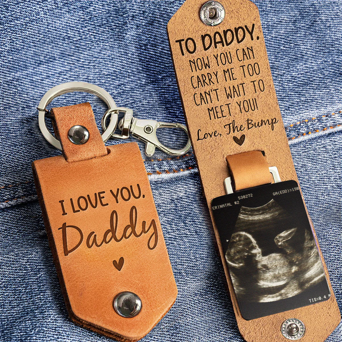 Personalized Daddy Can't Wait To Meet You From The Bump Leather Keychain - Image 2