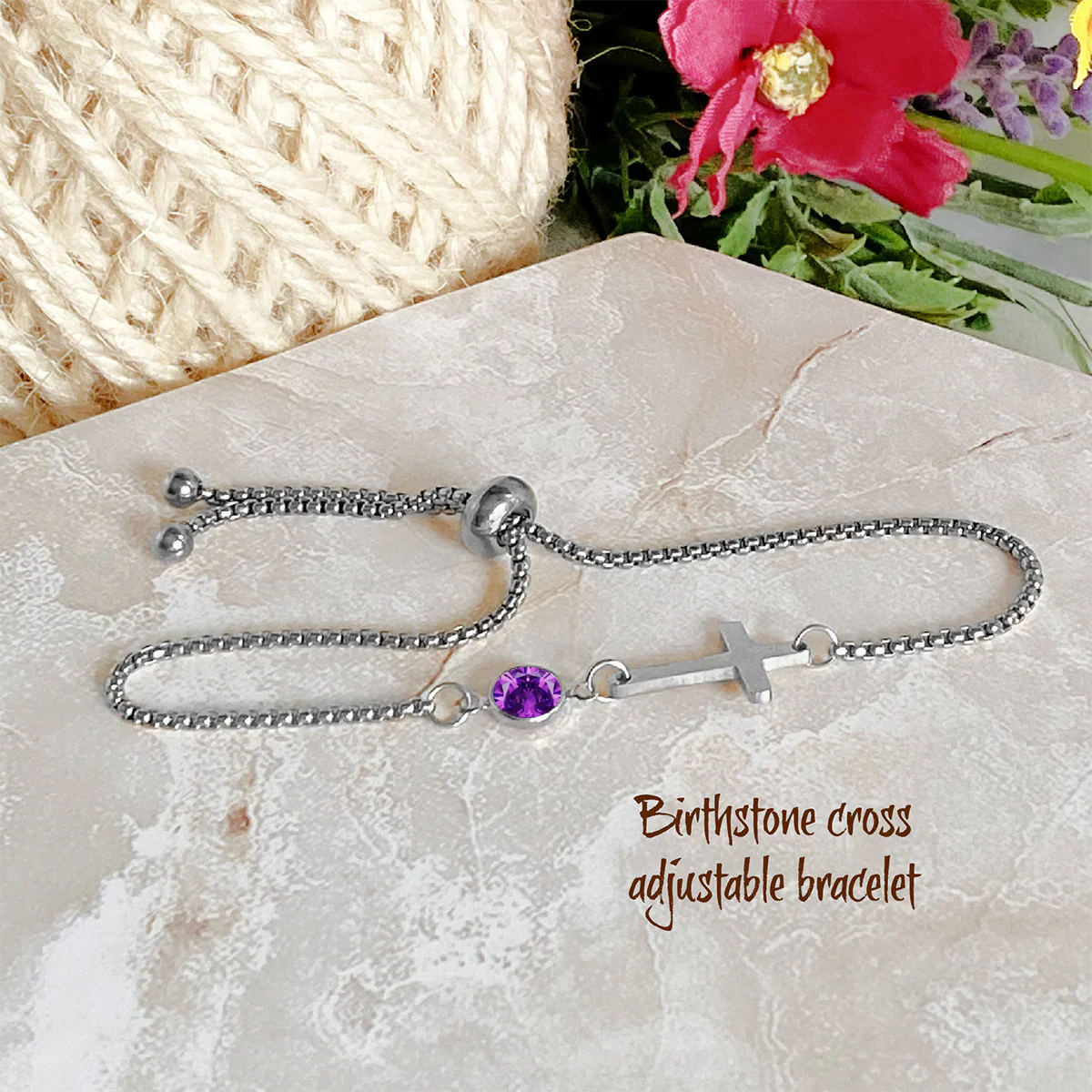 Personalized Dainty Cross Birthstone Bracelet - Image 2