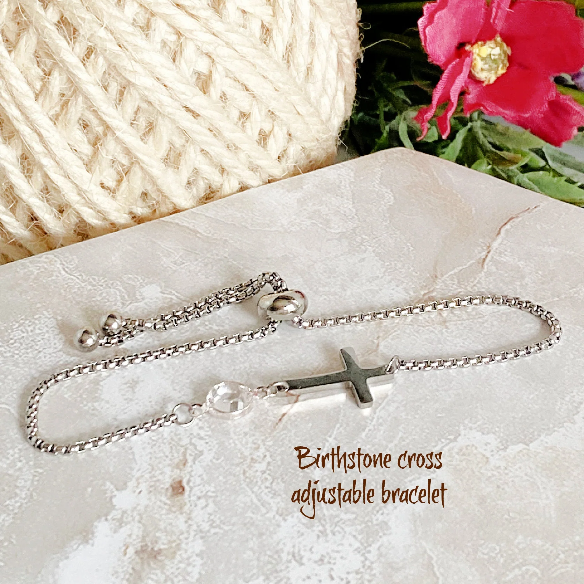 Personalized Dainty Cross Birthstone Bracelet - Image 4