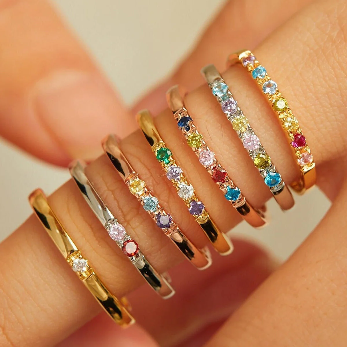 Personalized Dainty Round Birthstone Ring - Mother Grandma Ring Gift - Image 5