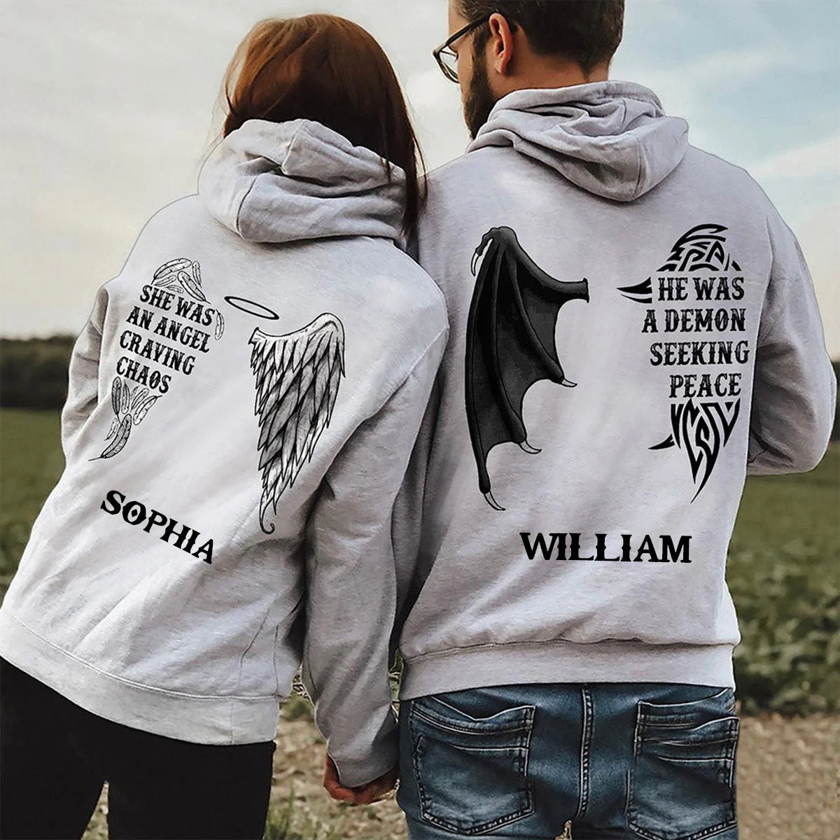 Personalized Demon Angel Love Couple Pullover Hoodie - Image 2