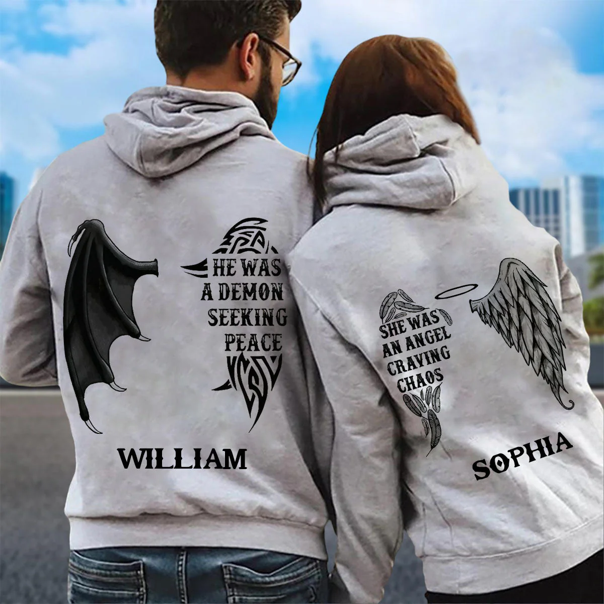 Personalized Demon Angel Love Couple Pullover Hoodie - Image 6