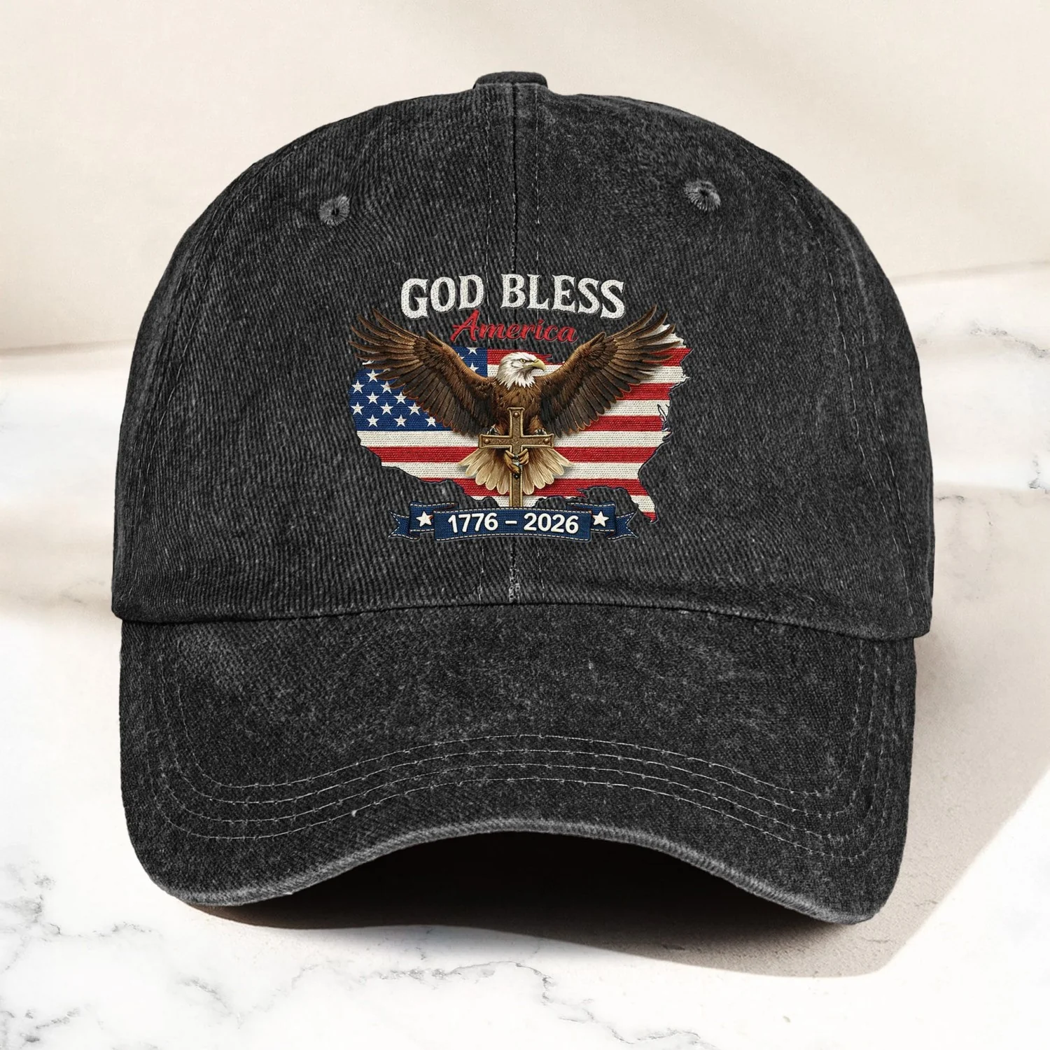 Personalized Distressed Denim Cap, America 250th Anniversary Patriotic Design