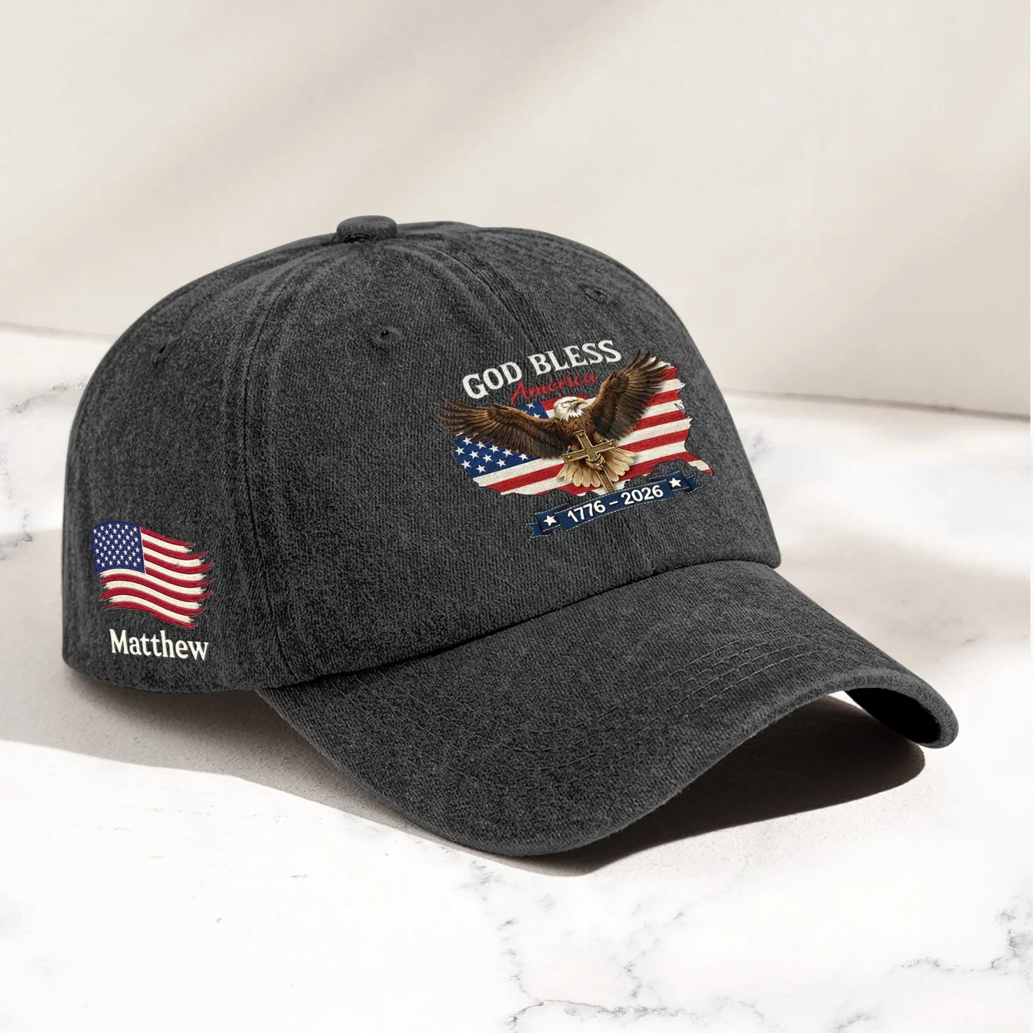Personalized Distressed Denim Cap, America 250th Anniversary Patriotic Design - Image 2