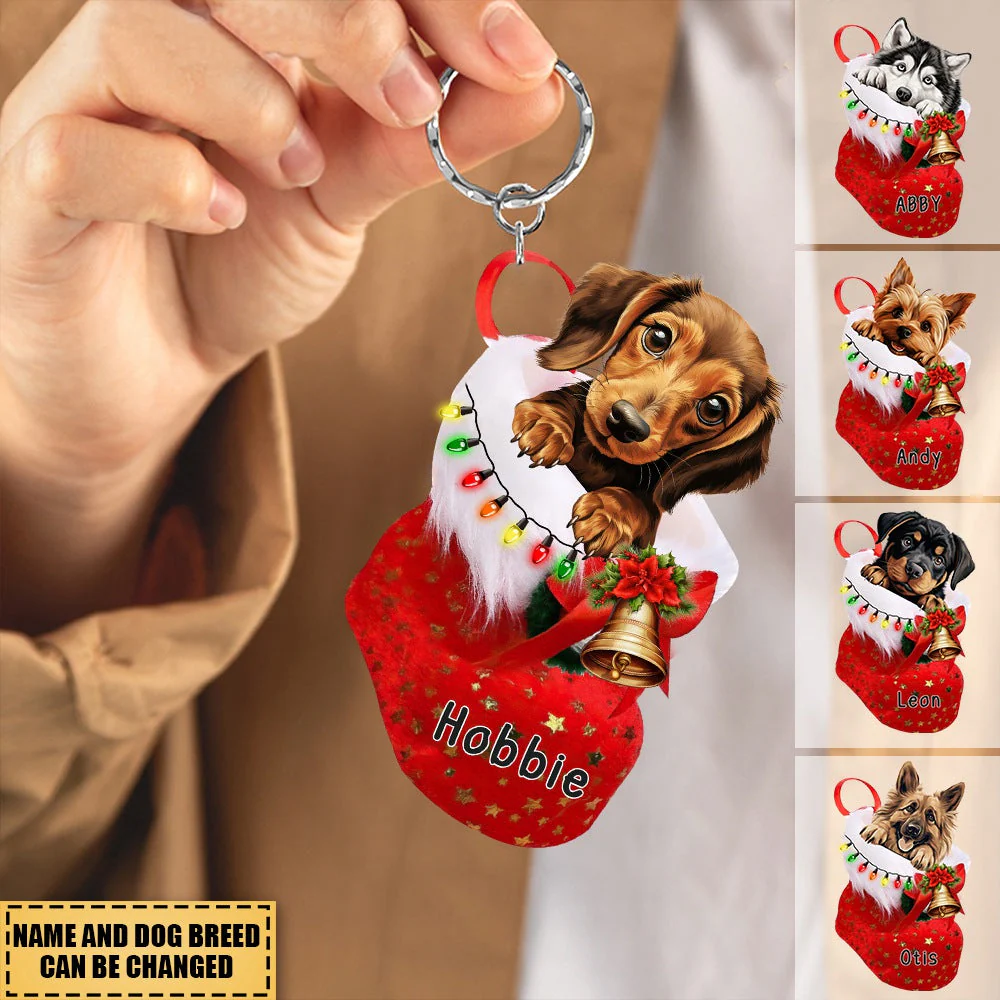 Personalized Dog in Christmas stocking Acrylic Keychain - Image 2