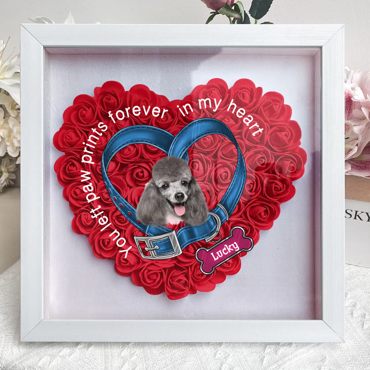 Personalized Dog Memorial Dog collar Heart Flower Shadow Box - Image 2