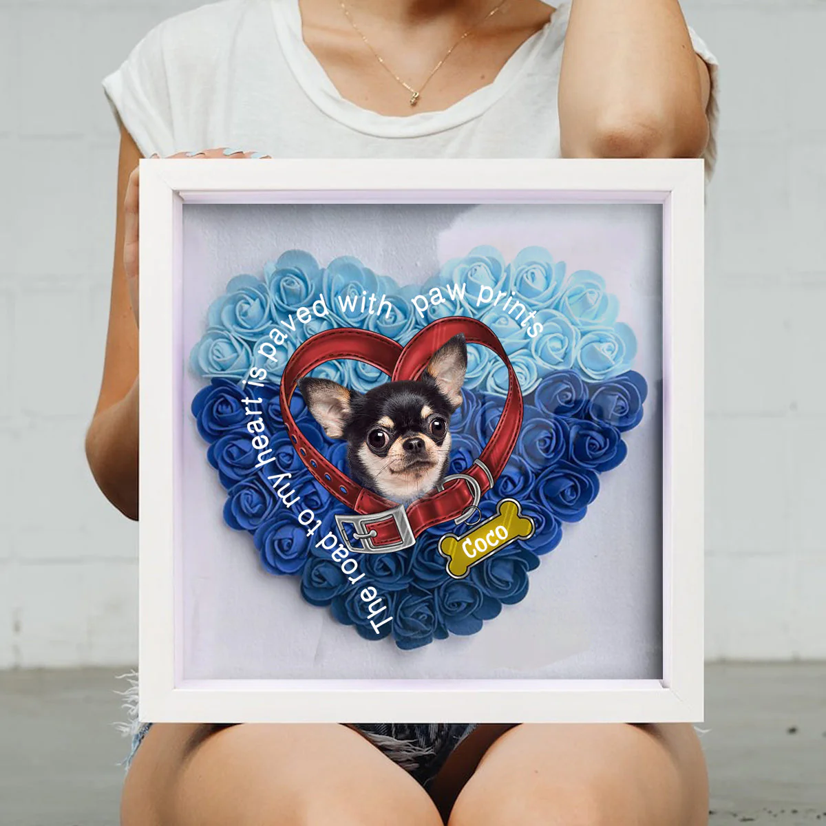 Personalized Dog Memorial Dog collar Heart Flower Shadow Box - Image 3