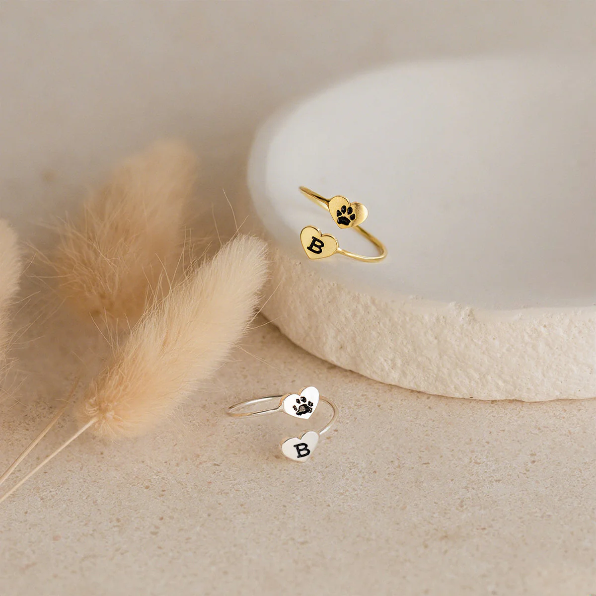 Personalized Double Heart Paw Fingerprint Ring Pet Lover Jewelry Gift - Image 3