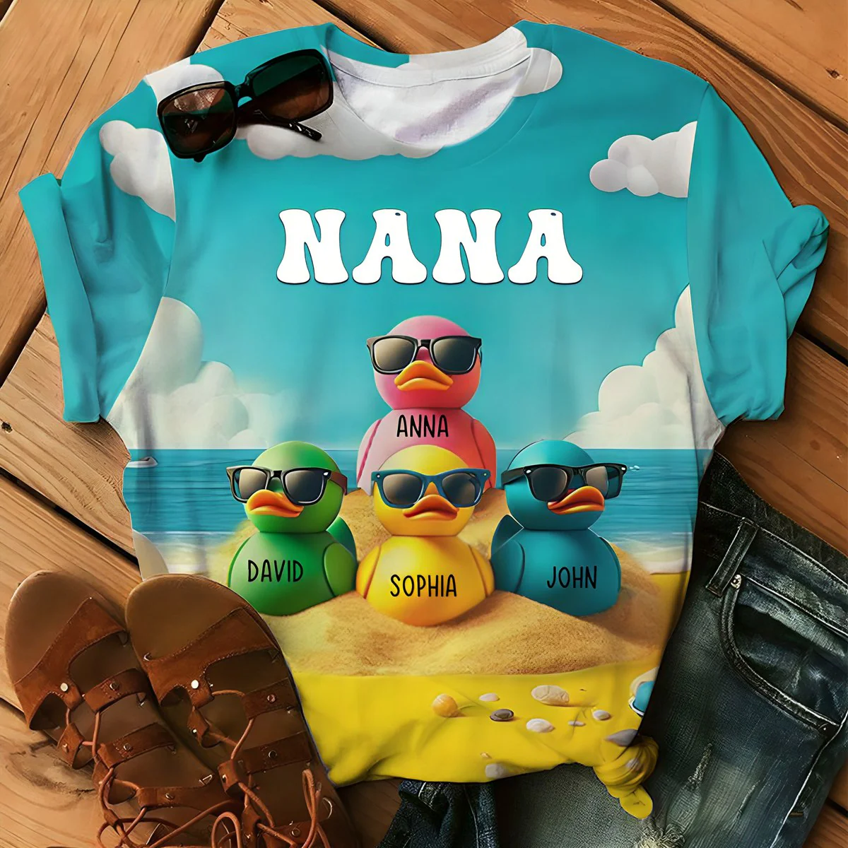 Personalized Ducklings Grandkids Summer Beach 3D T Shirt Gift For Grandma - Image 2