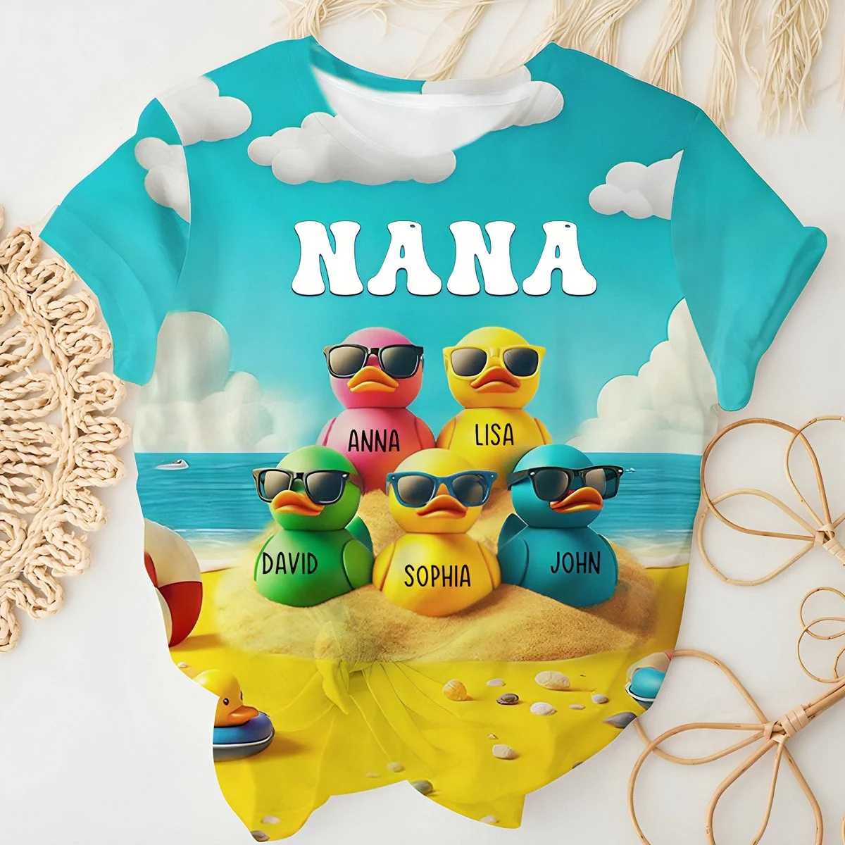 Personalized Ducklings Grandkids Summer Beach 3D T Shirt Gift For Grandma - Image 3