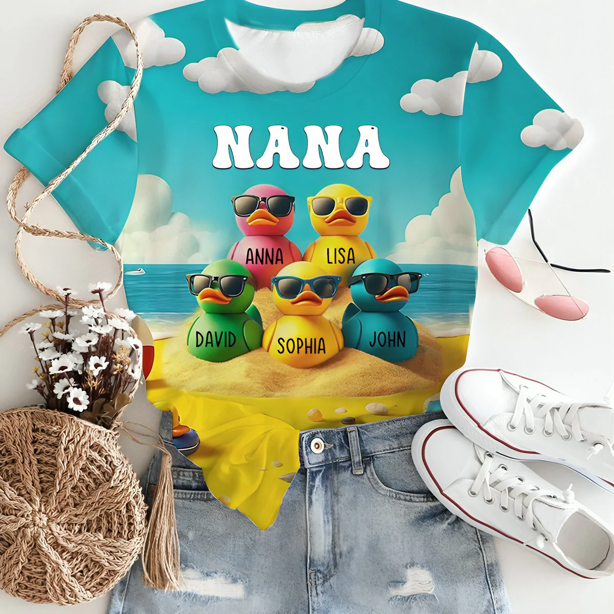 Personalized Ducklings Grandkids Summer Beach 3D T Shirt Gift For Grandma - Image 4