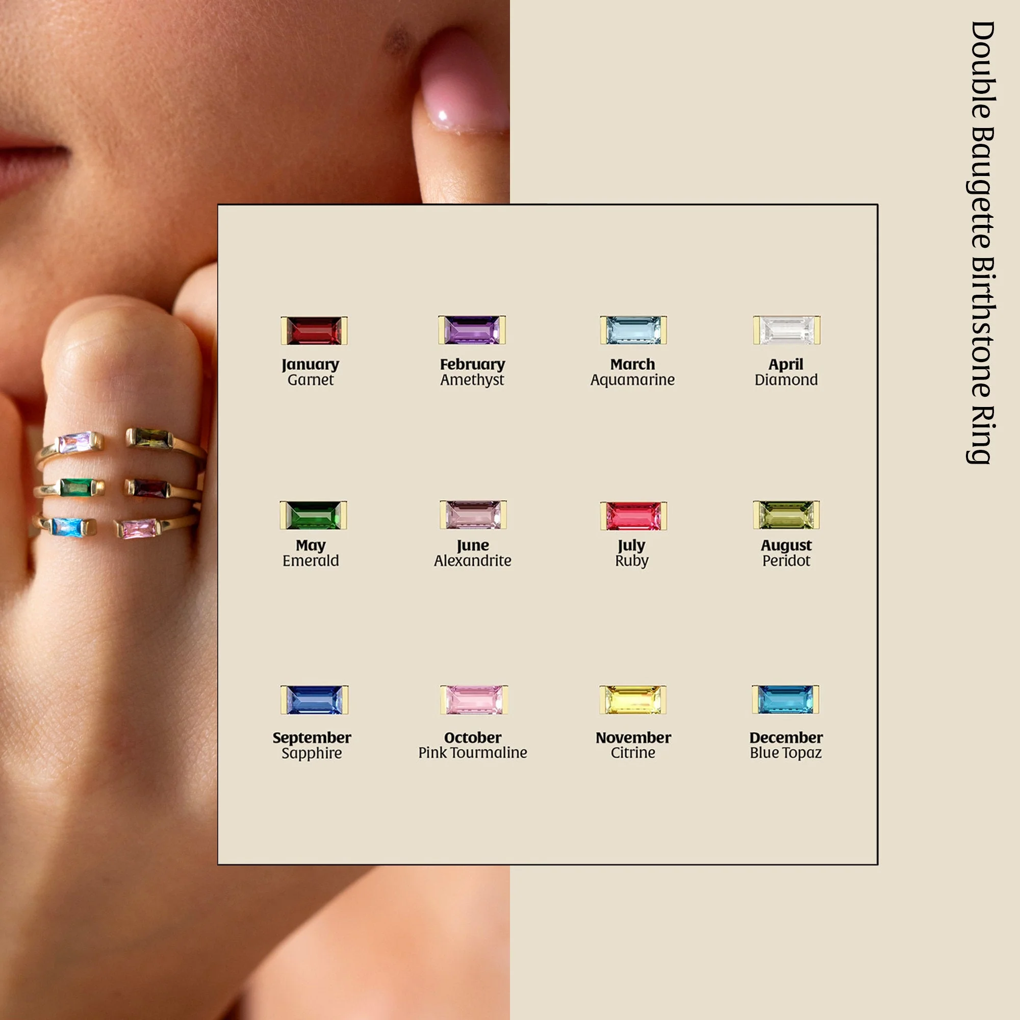 Personalized Duo Baguette Adjustable Birthstone Ring - Image 7