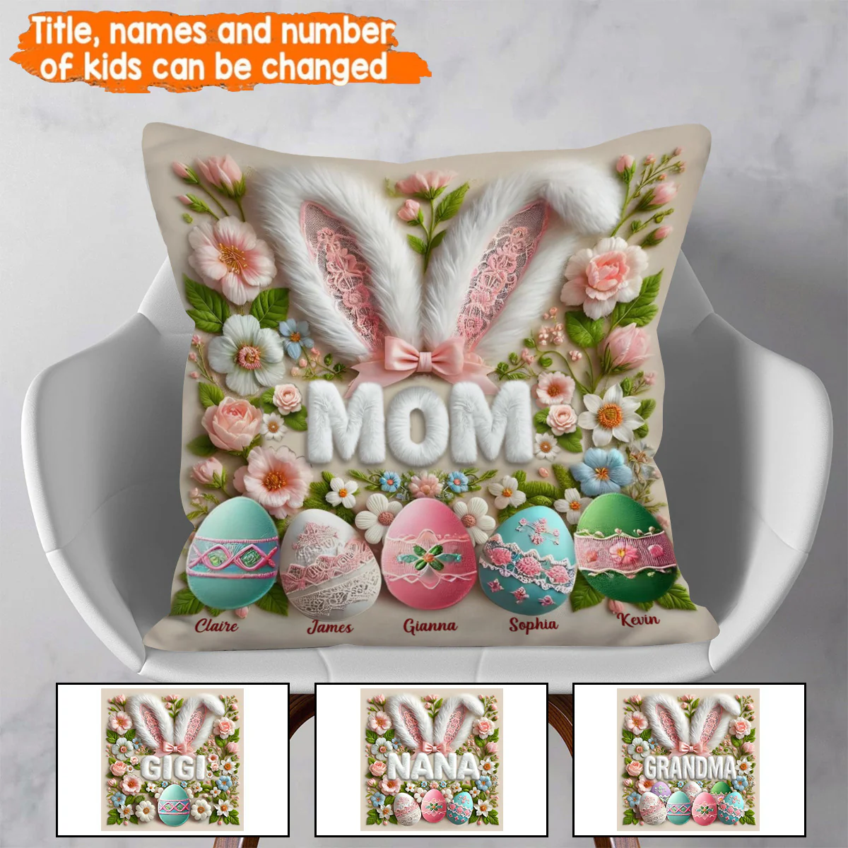 Personalized Easter Bunny Grandma Pillow - Custom Name Throw Pillow Gift for Grandma, Mother's Day - Image 8