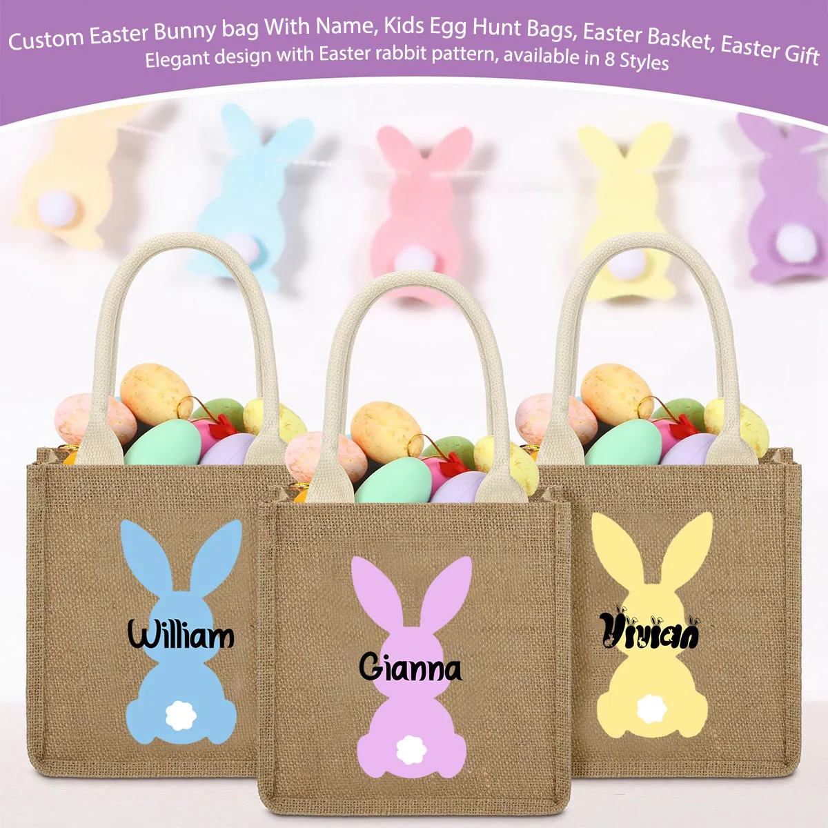 Personalized Easter Bunny Jute bag With Name, Kids Egg Hunt Bags, Easter Basket, Easter Gift Bags - Image 12