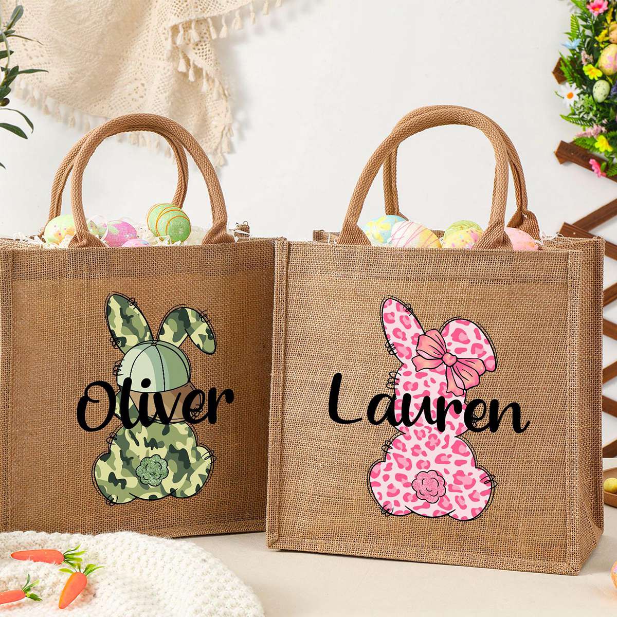Personalized Easter Bunny Jute bag With Name, Kids Egg Hunt Bags, Easter Basket, Easter Gift Bags - Image 2