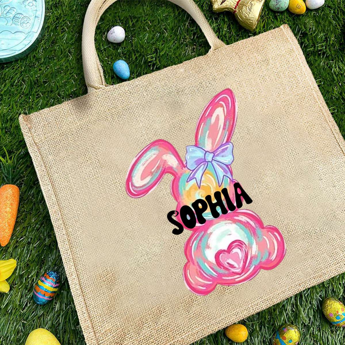 Personalized Easter Bunny Jute bag With Name, Kids Egg Hunt Bags, Easter Basket, Easter Gift Bags - Image 3