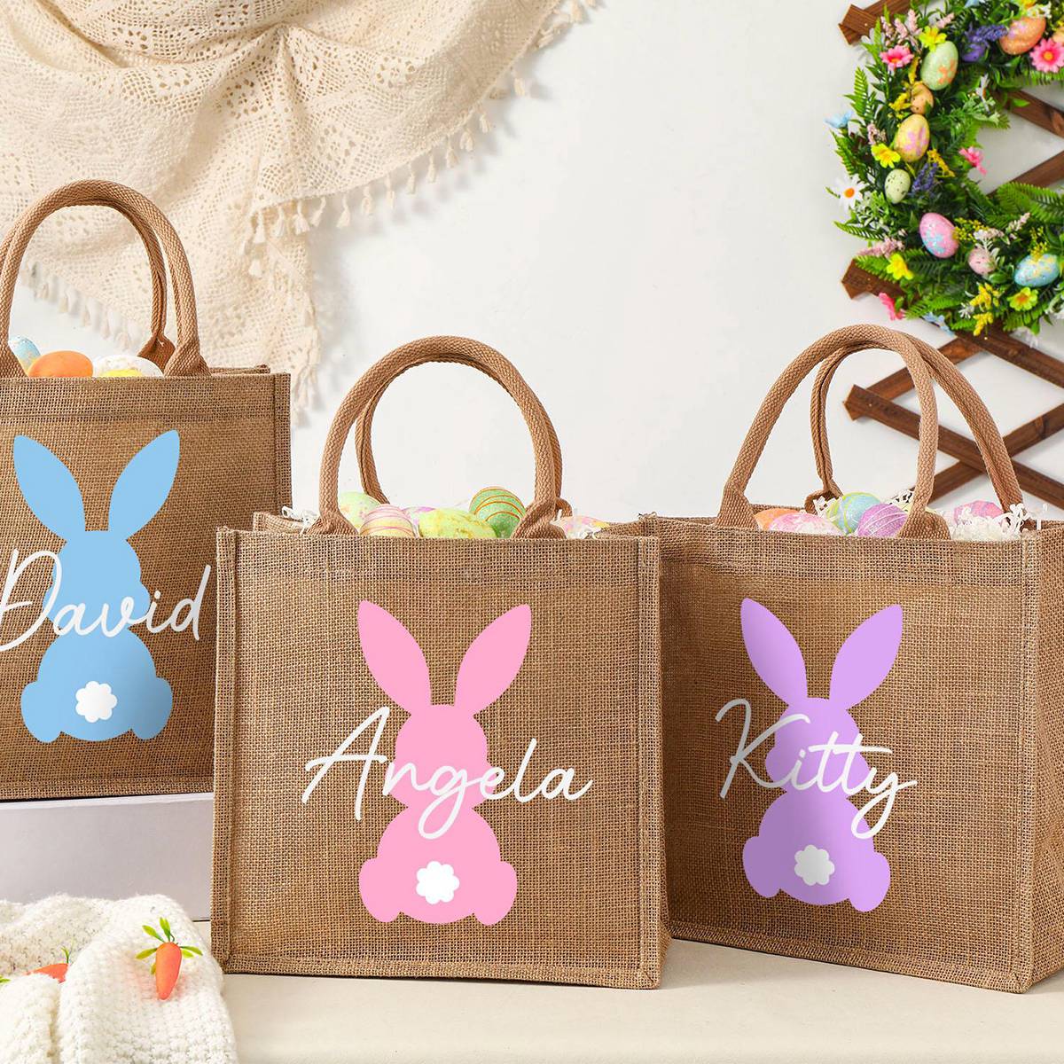 Personalized Easter Bunny Jute bag With Name, Kids Egg Hunt Bags, Easter Basket, Easter Gift Bags - Image 4