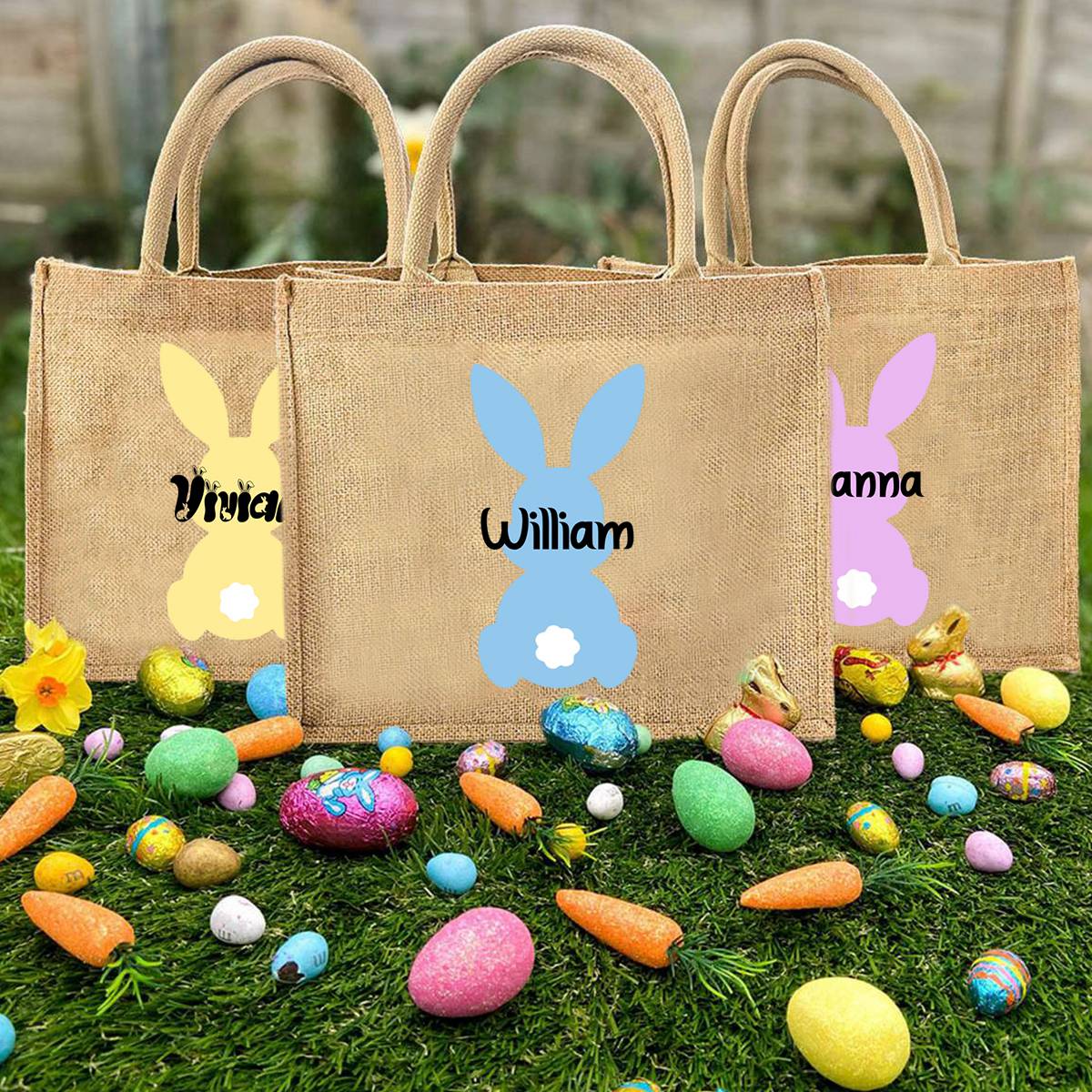 Personalized Easter Bunny Jute bag With Name, Kids Egg Hunt Bags, Easter Basket, Easter Gift Bags - Image 5