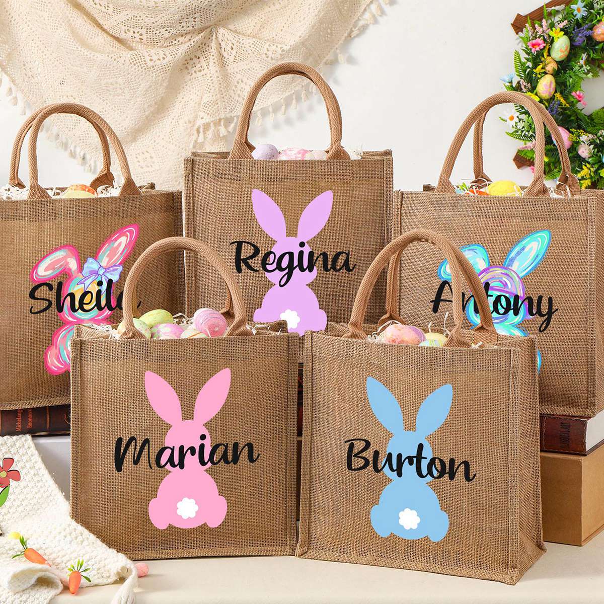 Personalized Easter Bunny Jute bag With Name, Kids Egg Hunt Bags, Easter Basket, Easter Gift Bags - Image 6