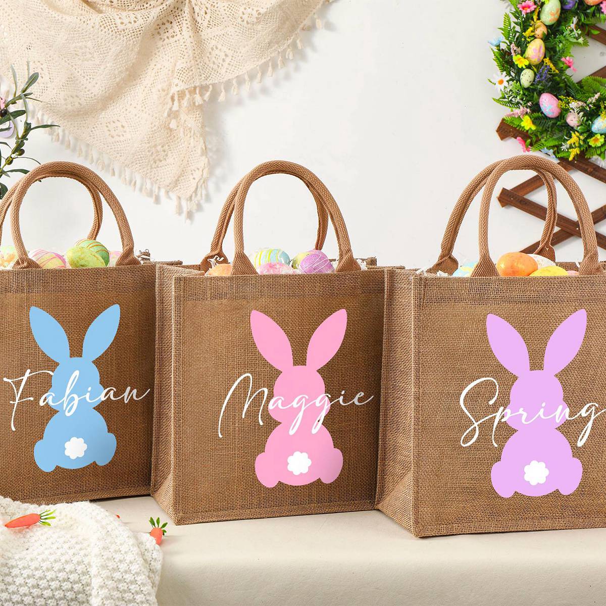 Personalized Easter Bunny Jute bag With Name, Kids Egg Hunt Bags, Easter Basket, Easter Gift Bags - Image 7