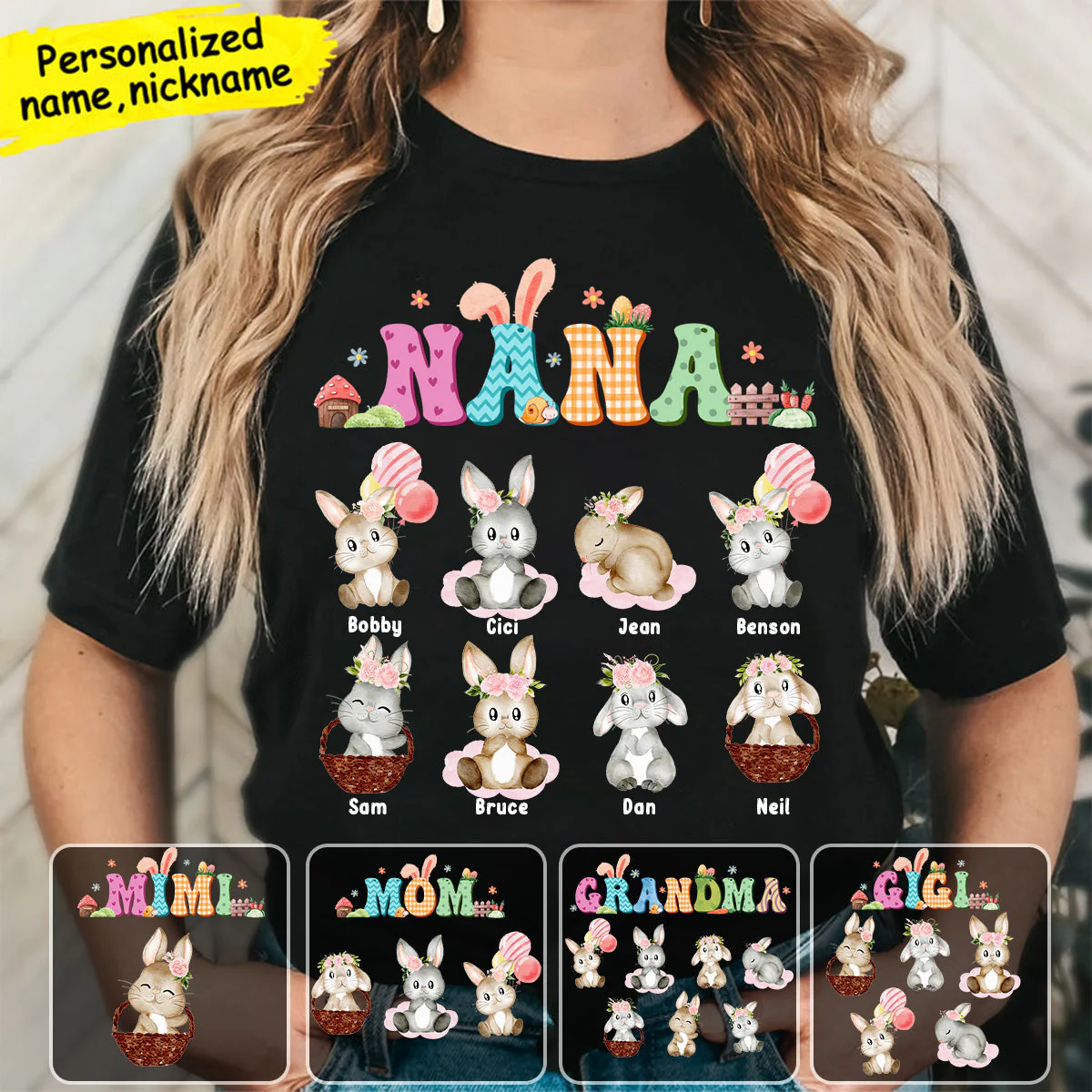 Personalized Easter Cute Bunny Pure Cotton T-Shirt Gift for Grandma - Image 2
