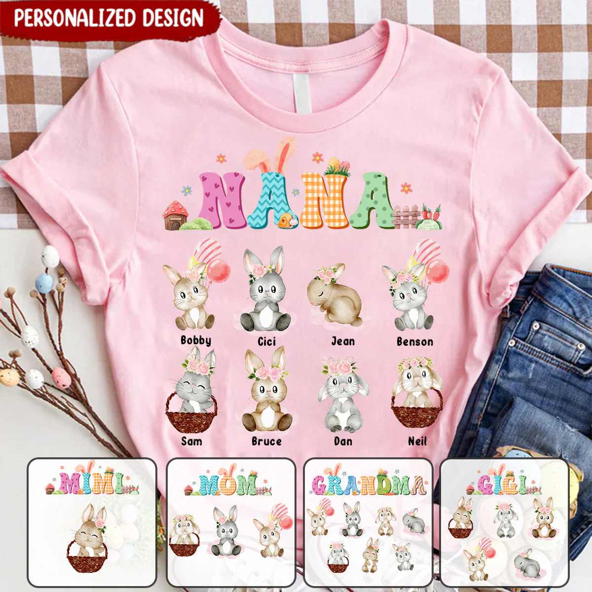 Personalized Easter Cute Bunny Pure Cotton T-Shirt Gift for Grandma - Image 3