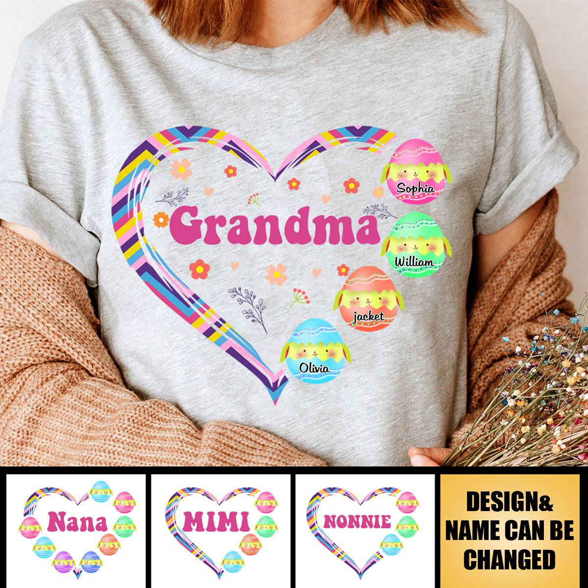 Personalized Easter Grandma With Kids Eggs Pure cotton T-shirt - Image 2