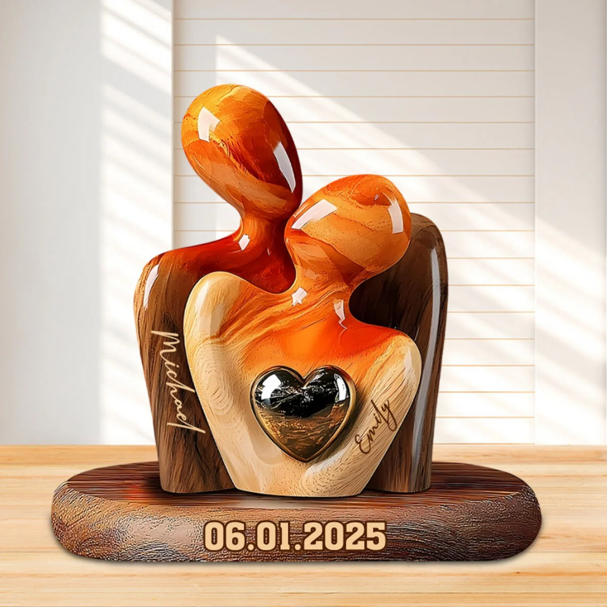 Personalized Elegant Couple Statue with Heart Inlay Custom Shaped Acrylic Plaque
