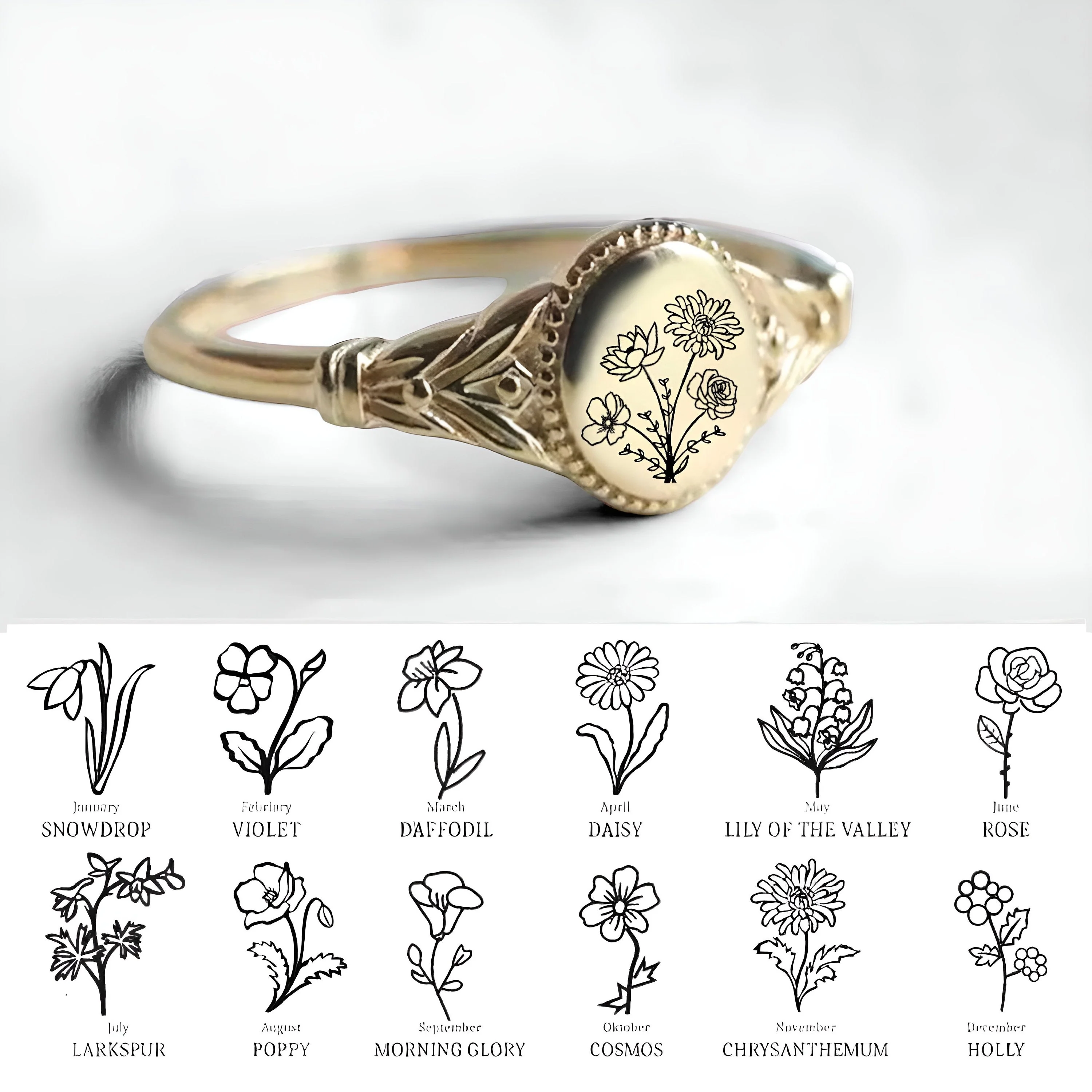 Personalized Ellipsoid Birth FlowerRing, Custom Mother Floral Ring for Women - Image 5