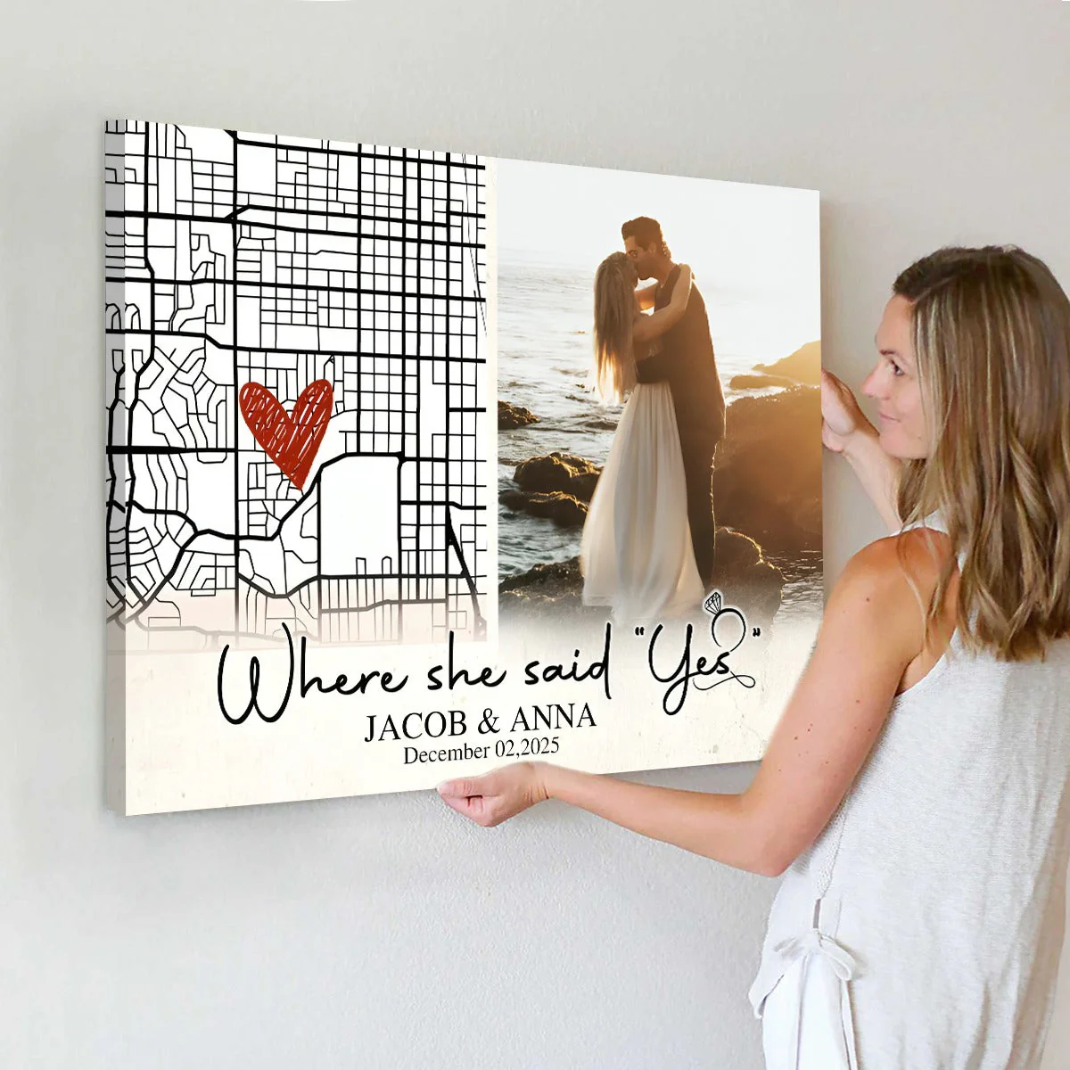 Personalized Engaged Gift, Where She Said Yes Custom Engagement Map Canvas, Engagement Gift for Couple, Unique Gift For Newly Engaged - Image 3