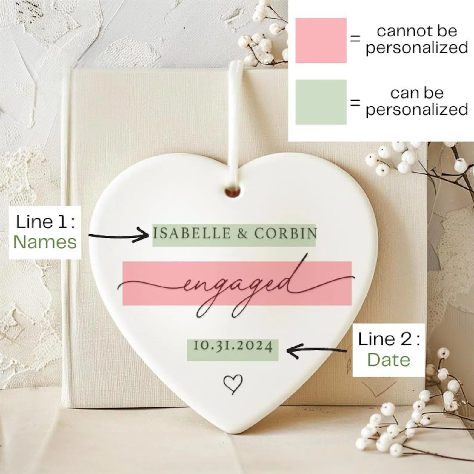 Personalized Engagement Heart-shaped Ceramic Ornament with Names & Date - Image 2